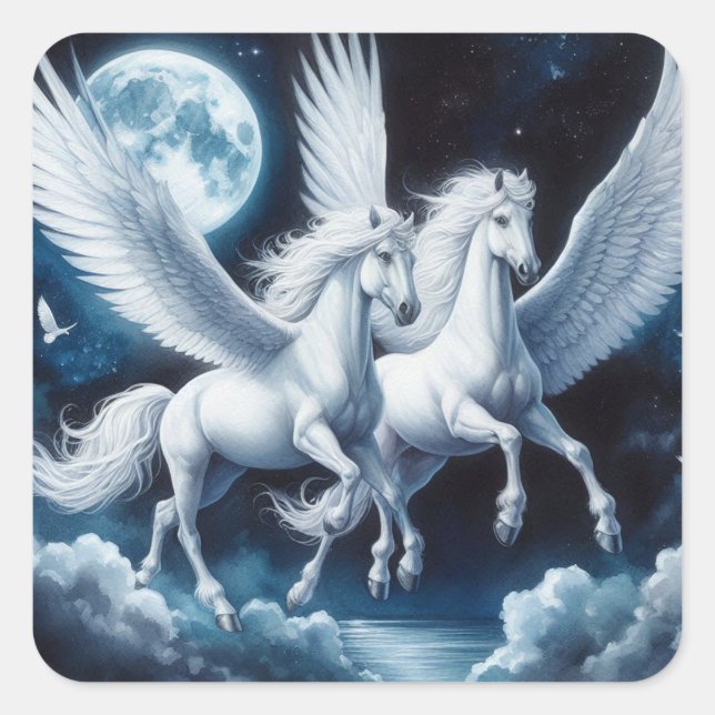 Twin Pegasus Flying with the Moon Behind Them Square Sticker (Front)