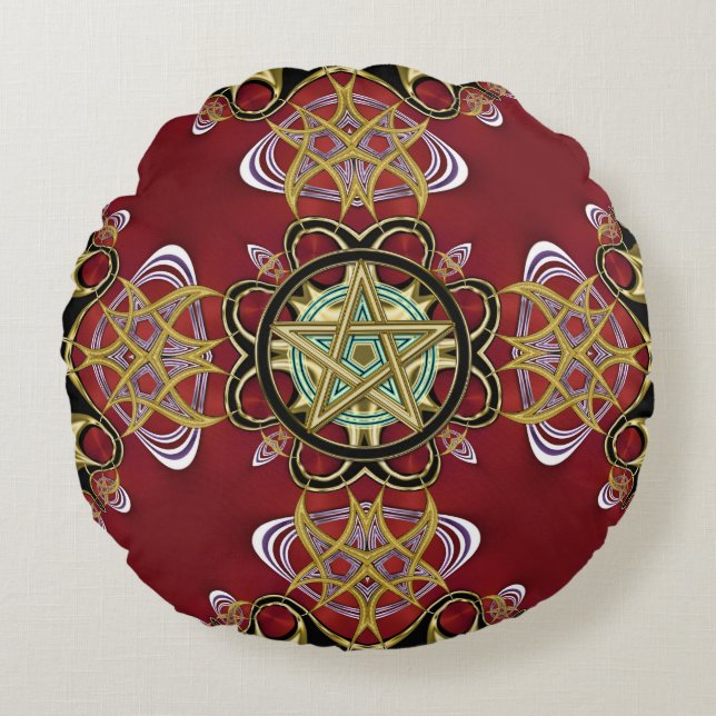 Twin Pentacle Symbol Endless Passion Red Gold Round Pillow (Front)