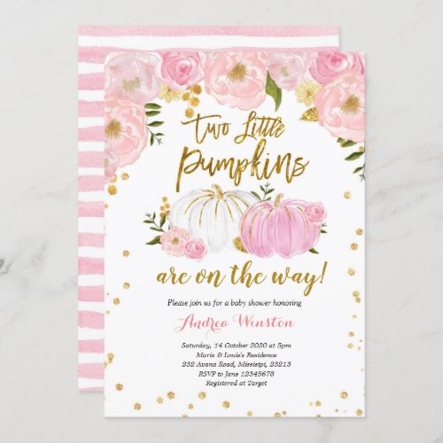 Twin Pink and Gold Pumpkin Baby Shower Invitation