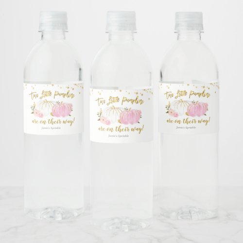 Twin Pink and Gold Pumpkin Baby Shower Water Bottle Label