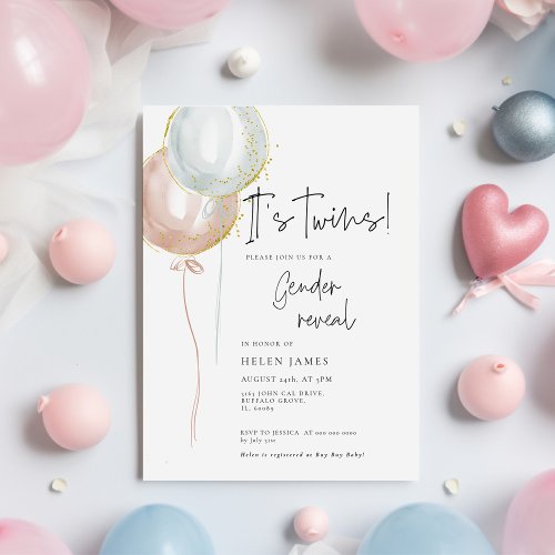 TWIN Pink  Blue Balloon Gender Reveal baby shower Invitation
