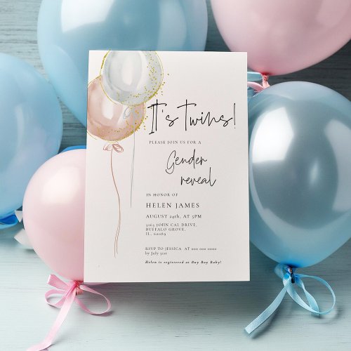 TWIN Pink  Blue Balloon Gender Reveal baby shower Invitation