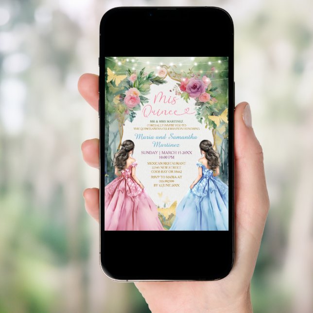 Twin Pink Blue Dress Floral Princess Mis Quince Invitation (Front Digital)