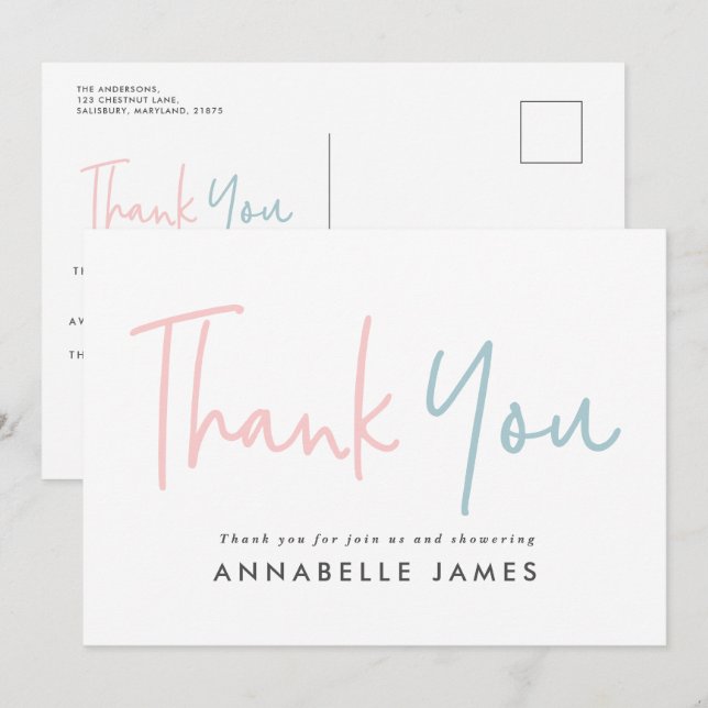 twin pink blue modern typography stylish thank you invitation (Front/Back)