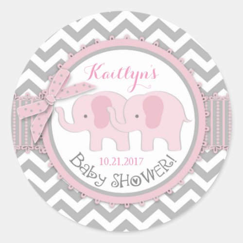 Twin Pink Elephants Grey White Chevron Baby Shower Classic Round Sticker