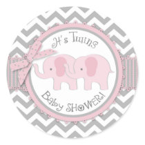 Twin Pink Elephants Grey White Chevron Baby Shower Classic Round Sticker