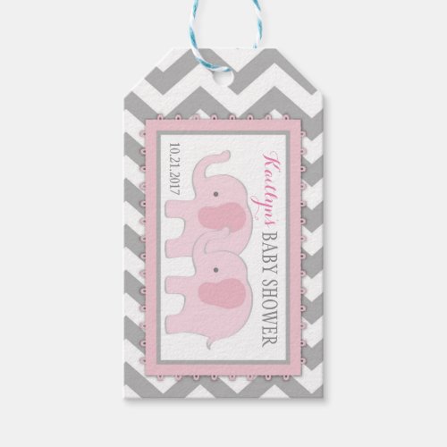Twin Pink Elephants Grey White Chevron Baby Shower Gift Tags
