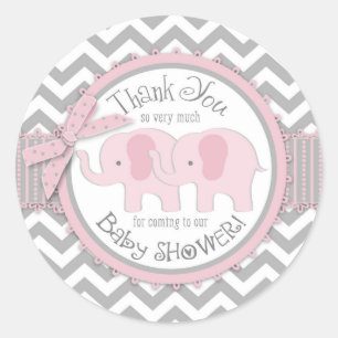Twin Pink Elephants Grey White Chevron Thank You Classic Round Sticker