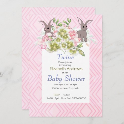 Twin Pink  Floral Bunny Shower Invitation