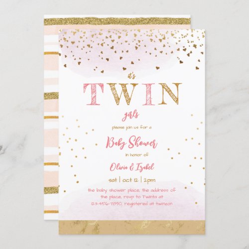 Twin Pink Gold Glitter Simple Baby Girl Shower Invitation