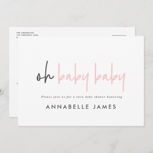 twin pink modern typography contemporary baby girl invitation