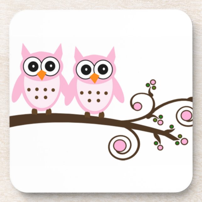 Twin Pink Owls on Brown Branch Drink Coaster (Front)