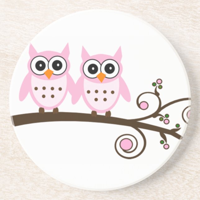 Twin Pink Owls on Brown Branch Sandstone Coaster (Front)