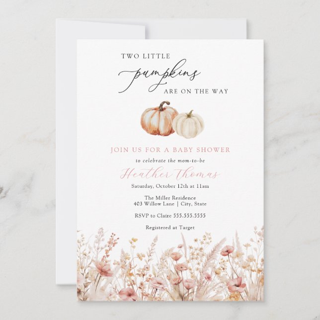Twin Pink Pumpkin Girl Baby Shower Invitation (Front)