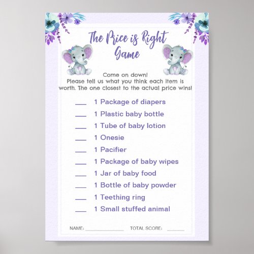 Twin Price is Right Baby Shower Game Elephants Poster