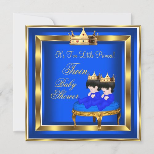 Twin Prince Baby Shower Blue Gold Boy Crown 3a Invitation