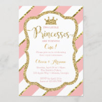 Twin Princesses Birthday Invitation, Pink, Gold Invitation