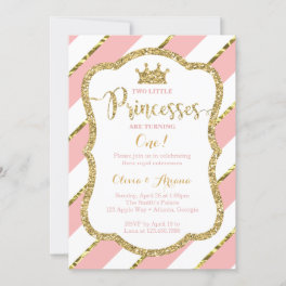 Twin Princesses Birthday Invitation, Pink, Gold Invitation