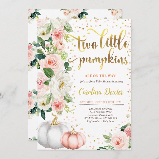 Twin Pumpkin Baby Shower Invitation Pink And Gold (Front/Back)