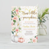 Twin Pumpkin Baby Shower Invitation Pink And Gold (Standing Front)