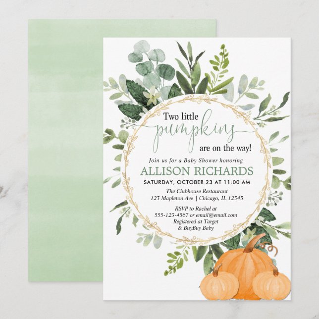 Twin pumpkin baby shower, two little pumpkins fall invitation (Front/Back)