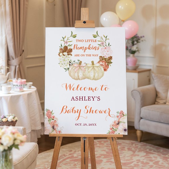 Twin Pumpkins Autumn Floral Baby Shower Welcome Foam Board (Creator Uploaded)