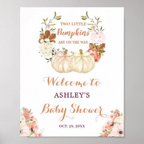 Twin Pumpkins Floral Cute Baby Shower Welcome Sign