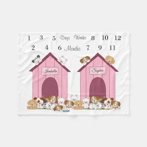 Twin Puppy Girl Milestone Month Photo Picture Prop Fleece Blanket