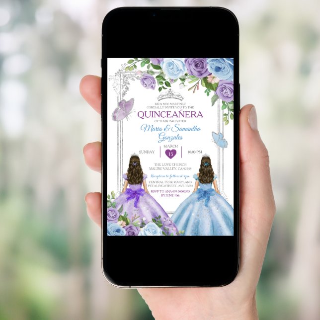 Twin Purple And Blue Butterfly Silver Quinceañera Invitation (Front Digital)