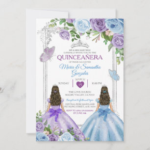 Twin Purple And Blue Butterfly Silver Quinceañera Invitation