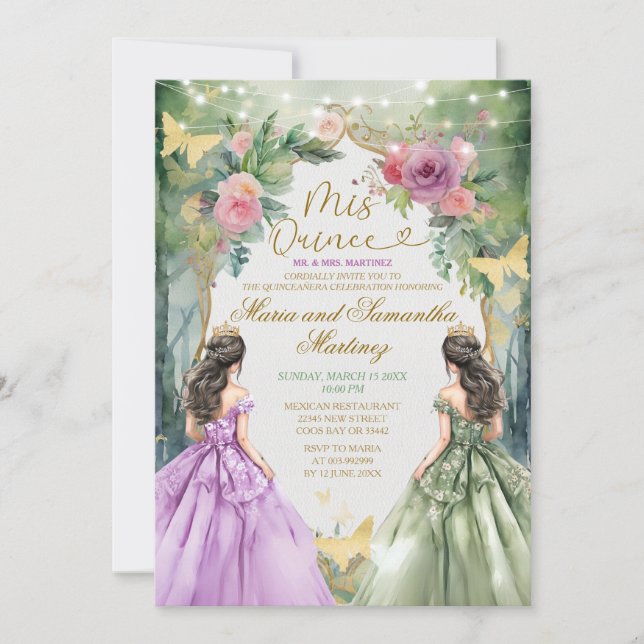 Twin Purple and Green Royal Princess Mis Quince Invitation (Front)