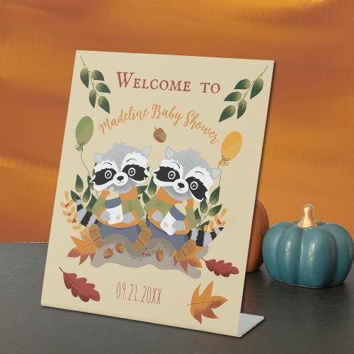 Twin Raccoons Baby Shower Welcome Pedestal Sign