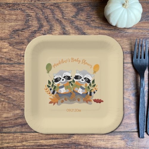 Twin Raccoons Fall Baby Shower Square Paper Plates