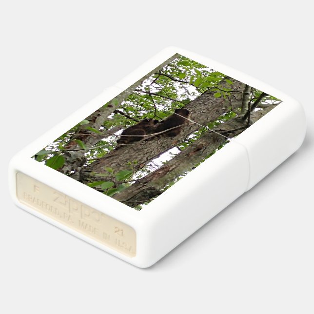twin raccoons racing up a tree zippo lighter (Angled)