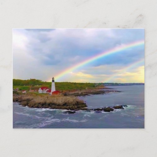 Twin Rainbows and Lighthouse Postcard