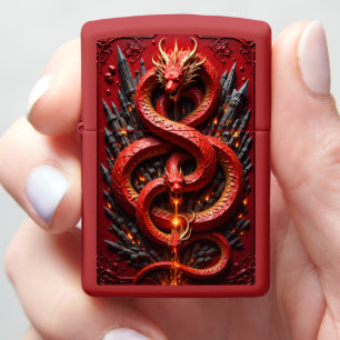 Twin Red Dragons: Coiled Fury of Fire and Gold Zippo Lighter