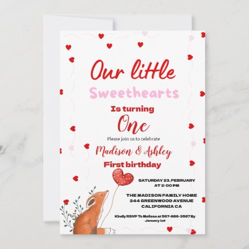 Twin Red Heart Valentines Day Sweetheat  Birthday Invitation