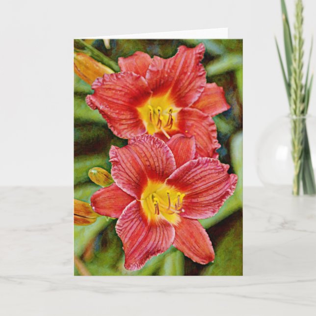 Twin Red Lily Flowers Art Note Card (Front)