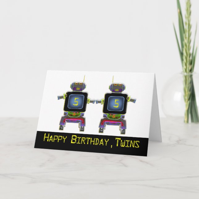 Twin Robot Birthday 5 years old birthday card (Front)