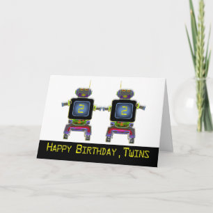 twin robots in neon colors card