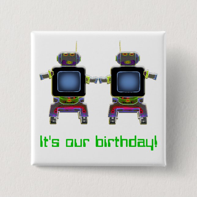 twin robots in neon colors pinback button (Front)