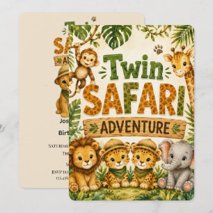 Twin Safari Adventures Boys Birthday Party Invitation