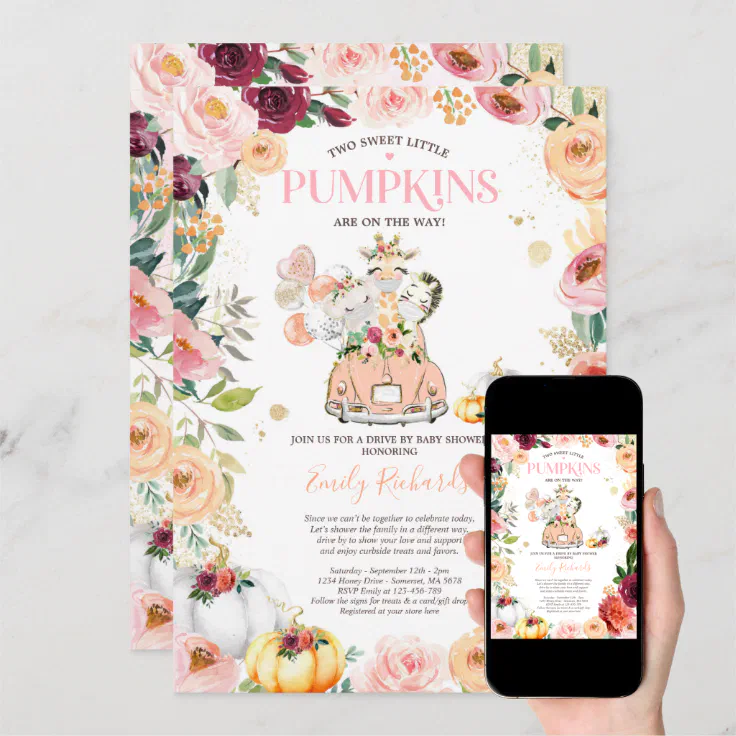 Twin Safari Animals Pumpkin Drive By Baby Shower Invitation Zazzle