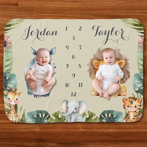 Twin Safari Jungle Baby Monthly Milestone Picture Baby Blanket