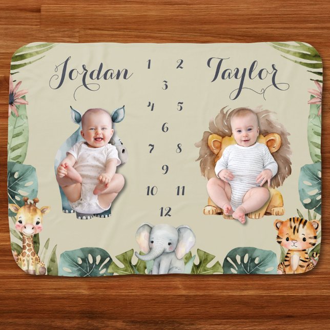 Twin Safari Jungle Baby Monthly Milestone Picture Baby Blanket (Twin Safari Jungle baby monthly milestone blanket growth tracker photo watercolor cute boy or girl)