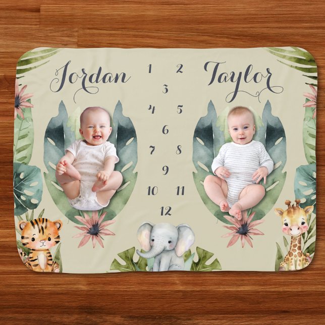 Twin Safari Jungle Baby Monthly Milestone Picture Baby Blanket (Twin Baby Milestone Growth Tracker Blanket for Monthly Photos Safari jungle Theme custom names)