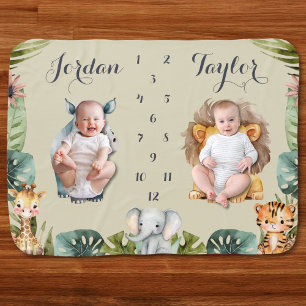 Twin Safari Jungle Baby Monthly Milestone Picture Blanket