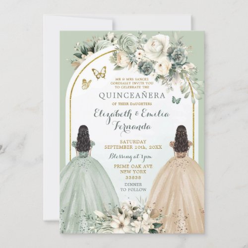 Twin Sage Green and Ivory Quinceaera Princesses Invitation