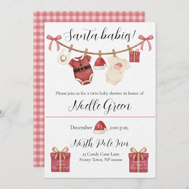 Twin Santa Babies Baby Shower Invitation (Front/Back)