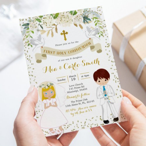 Twin Sibling Boy Blonde Girl First Holy Communion Invitation